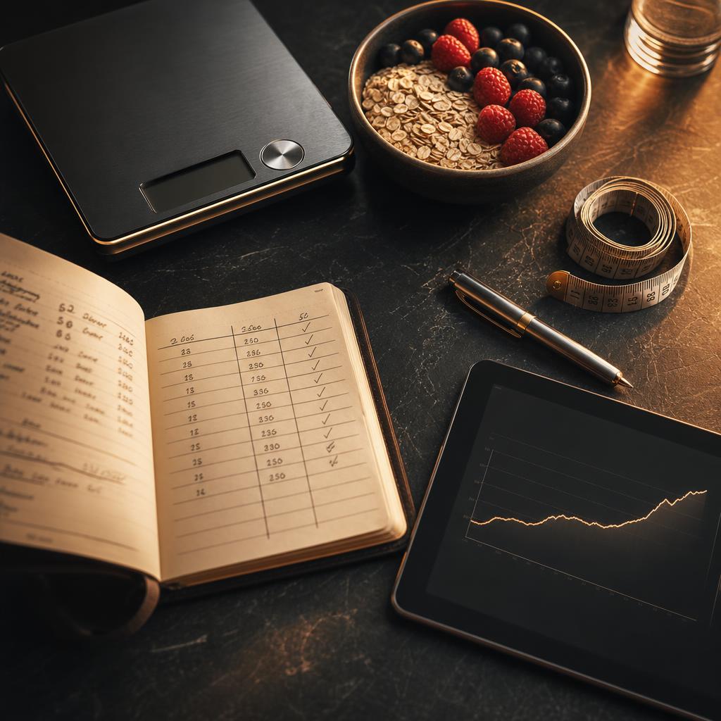 A nutrition tracking journal, food scale, and tablet showing a plateau chart on a dark surface